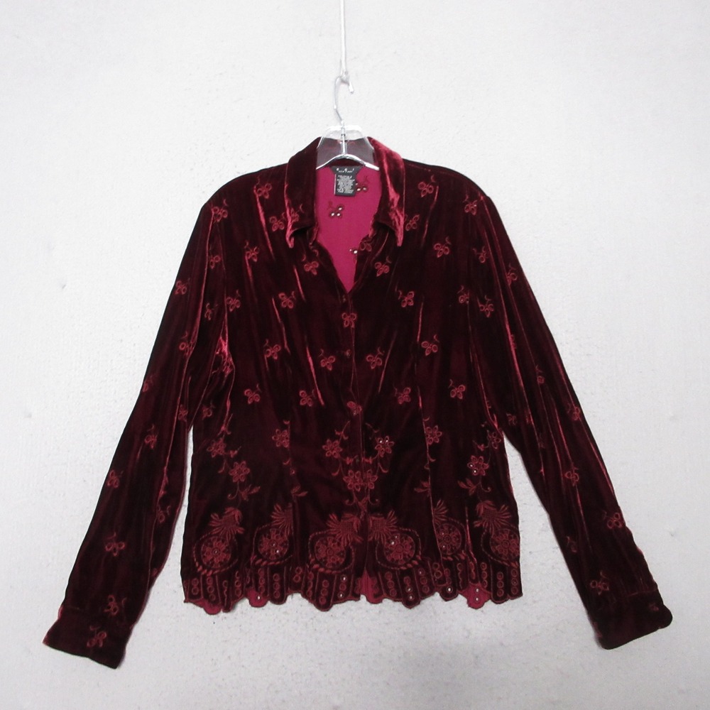 ECI New York Top Silk Blend Velvet Embroidered Red Whimsigoth Romantic Victorian